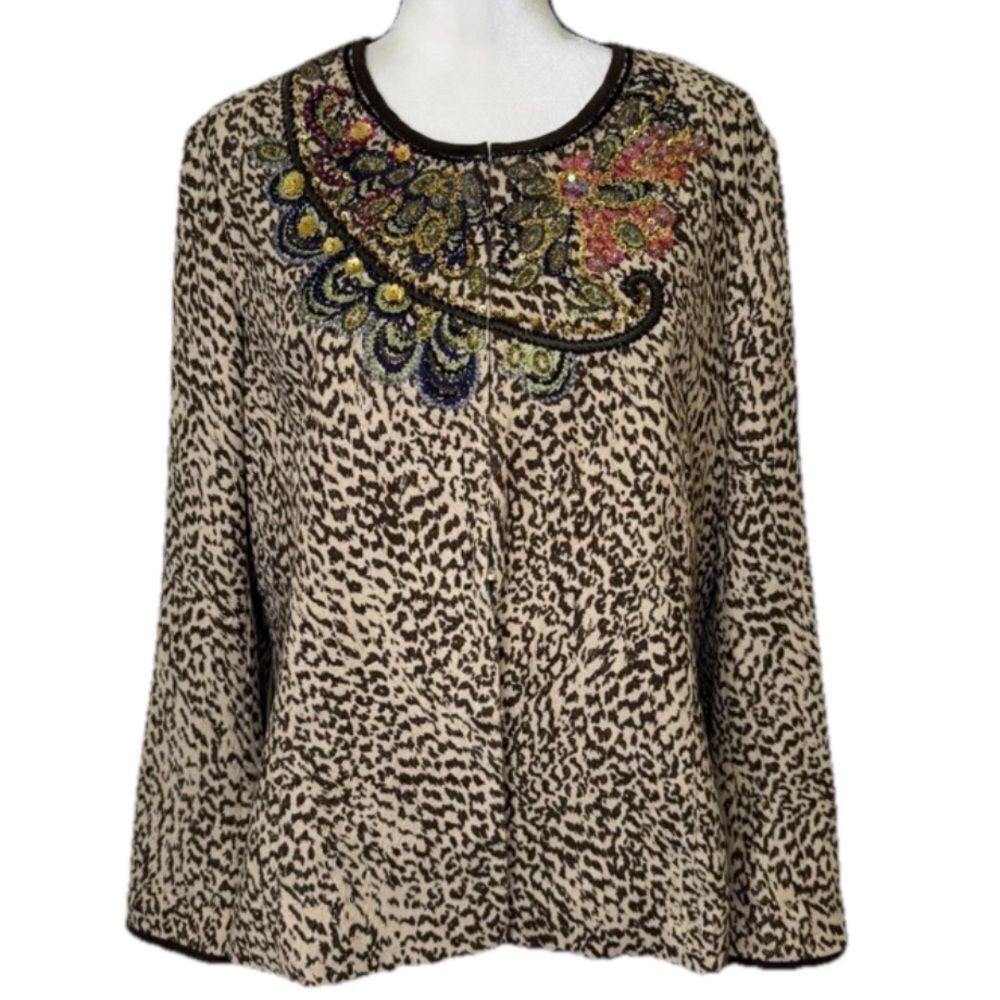 CHICO’S JACKET BLAZER EMBELLISHED ANIMAL PATTERN HOOK FRONT LINED WOMENS